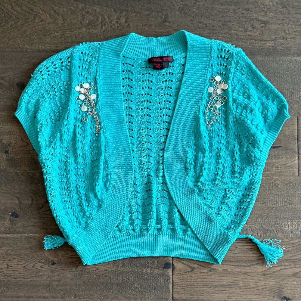 Simon Chang Turquoise Open-Knit Cardigan Fit medium - Picture 2 of 6